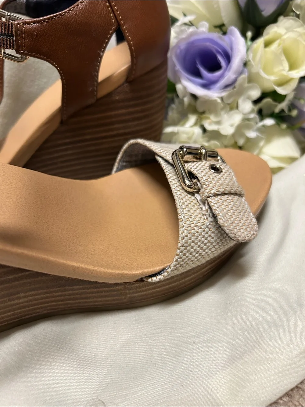 Dr. Scholl's Brown and Tan Wedge Sandals with Buckle Detail